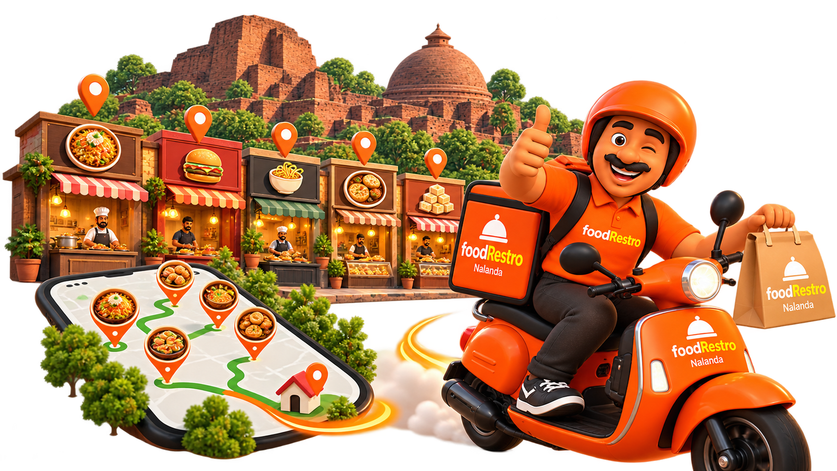 3D illustration of Food Restro delivery in Harnaut, Nalanda — restaurants and delivery on a map